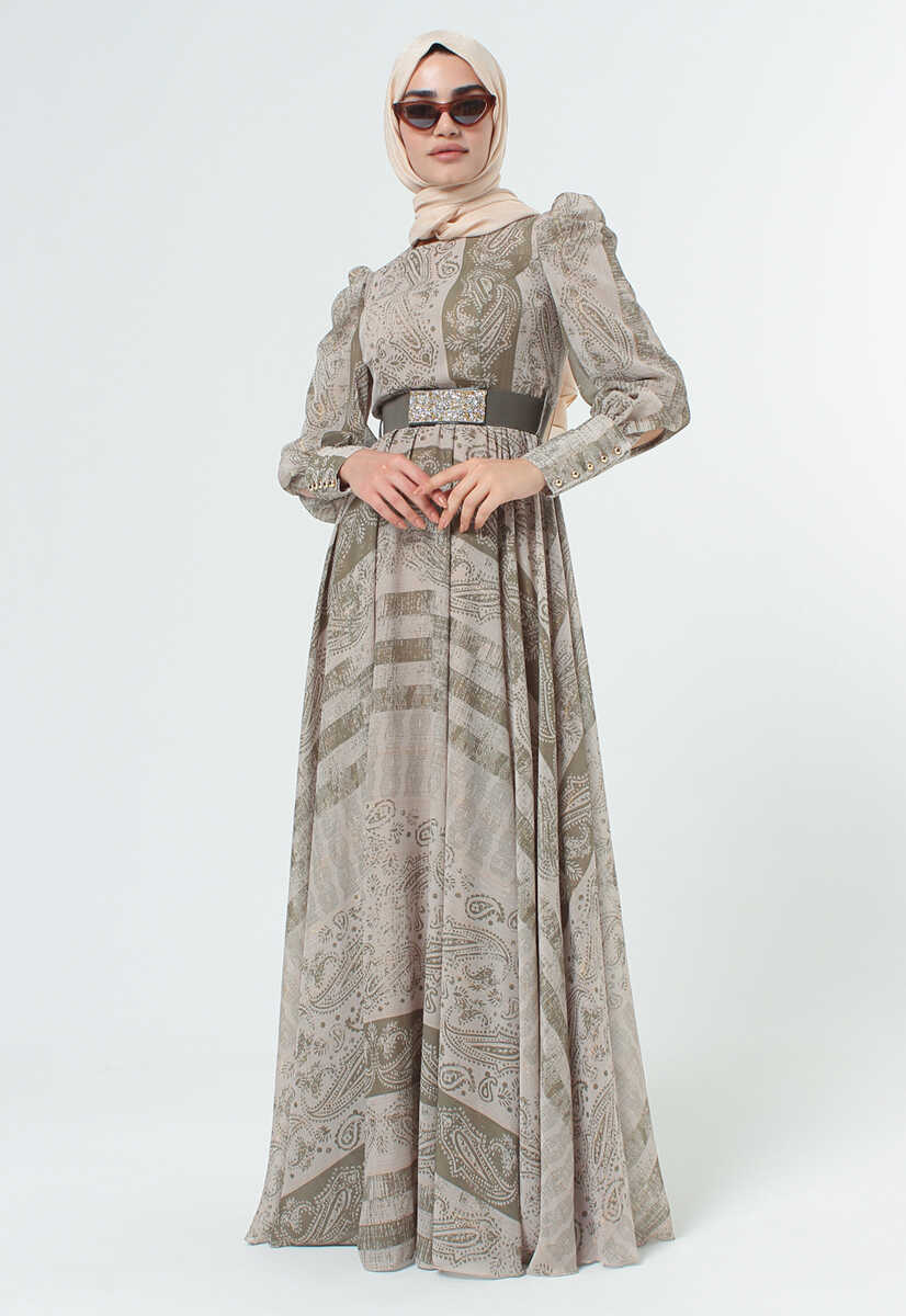 2125058 Etnik Desenli Kemerli Elbise, Tesettür Giyim