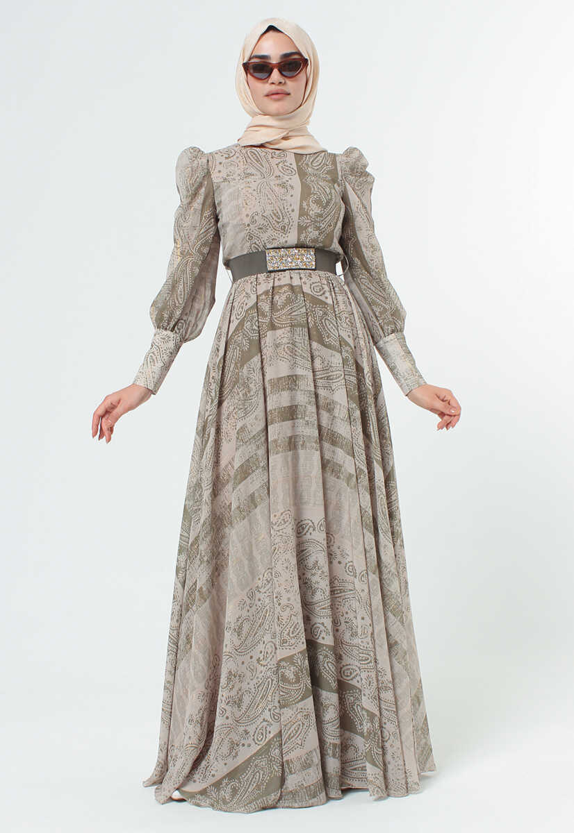 2125058 Etnik Desenli Kemerli Elbise, Tesettür Giyim