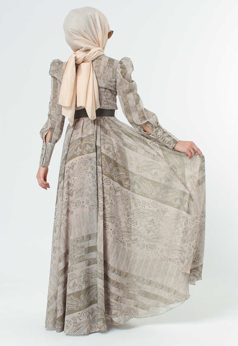 2125058 Etnik Desenli Kemerli Elbise, Tesettür Giyim