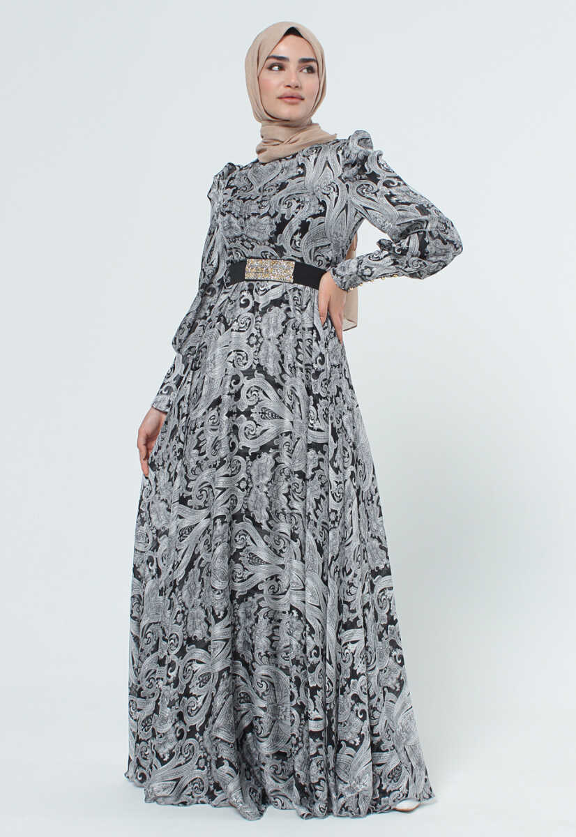 2125058 Etnik Desenli Kemerli Elbise, Tesettür Giyim
