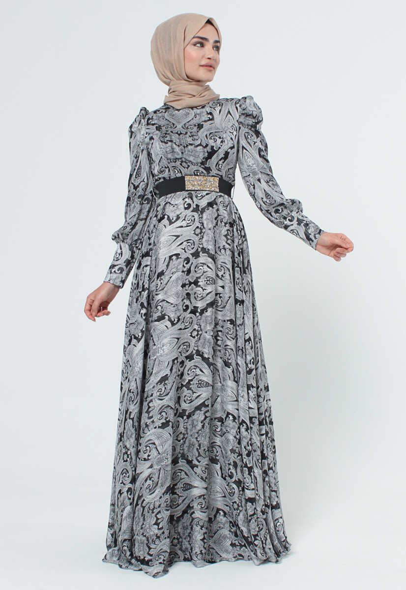 2125058 Etnik Desenli Kemerli Elbise, Tesettür Giyim