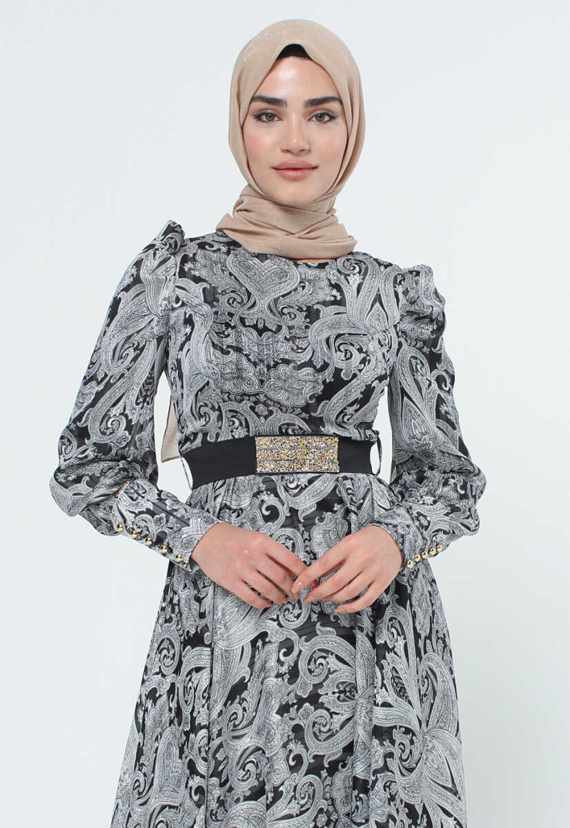 2125058 Etnik Desenli Kemerli Elbise, Tesettür Giyim