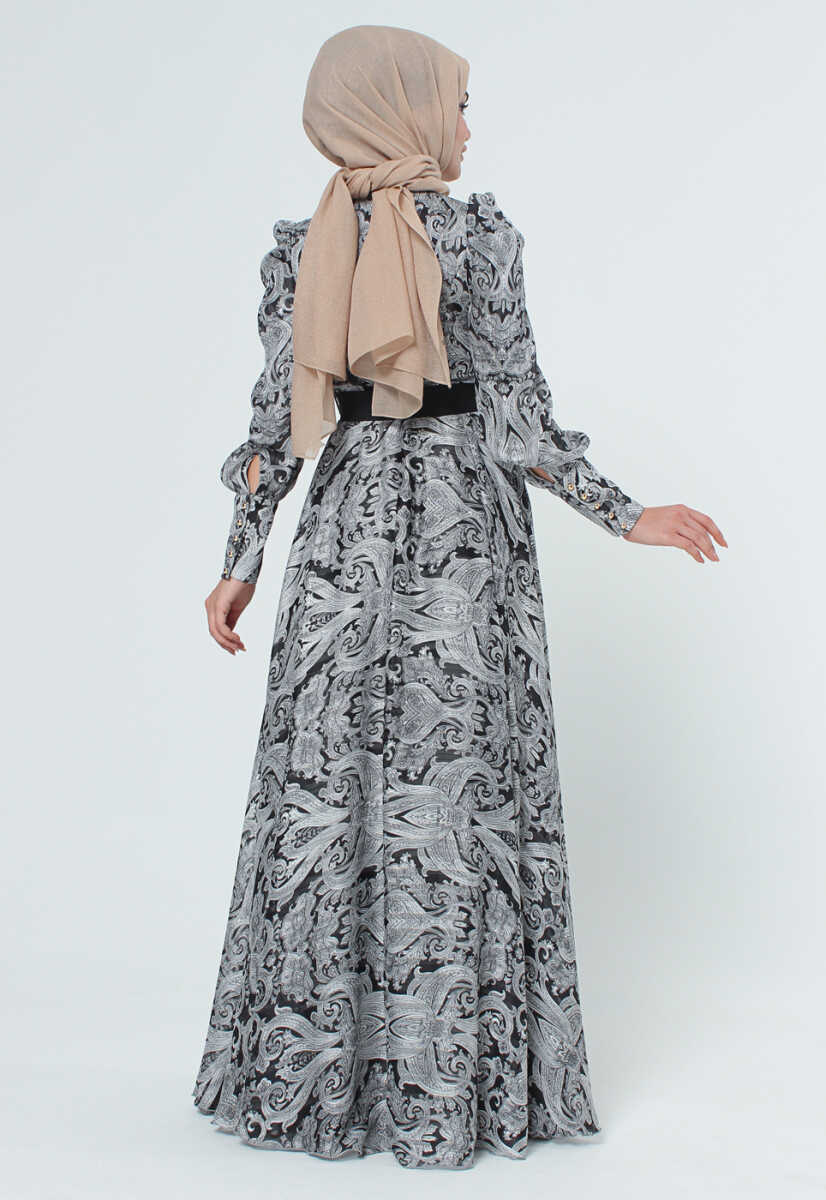 2125058 Etnik Desenli Kemerli Elbise, Tesettür Giyim