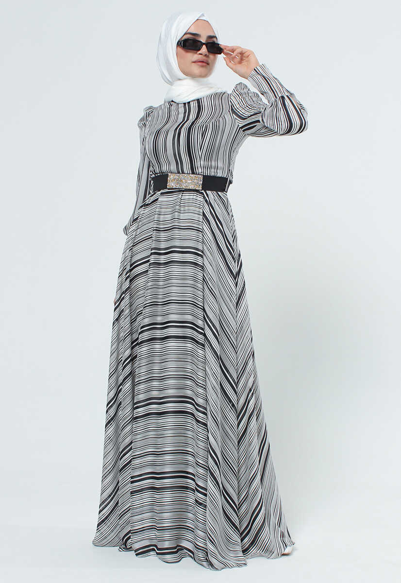 2125058 Etnik Desenli Kemerli Elbise, Tesettür Giyim