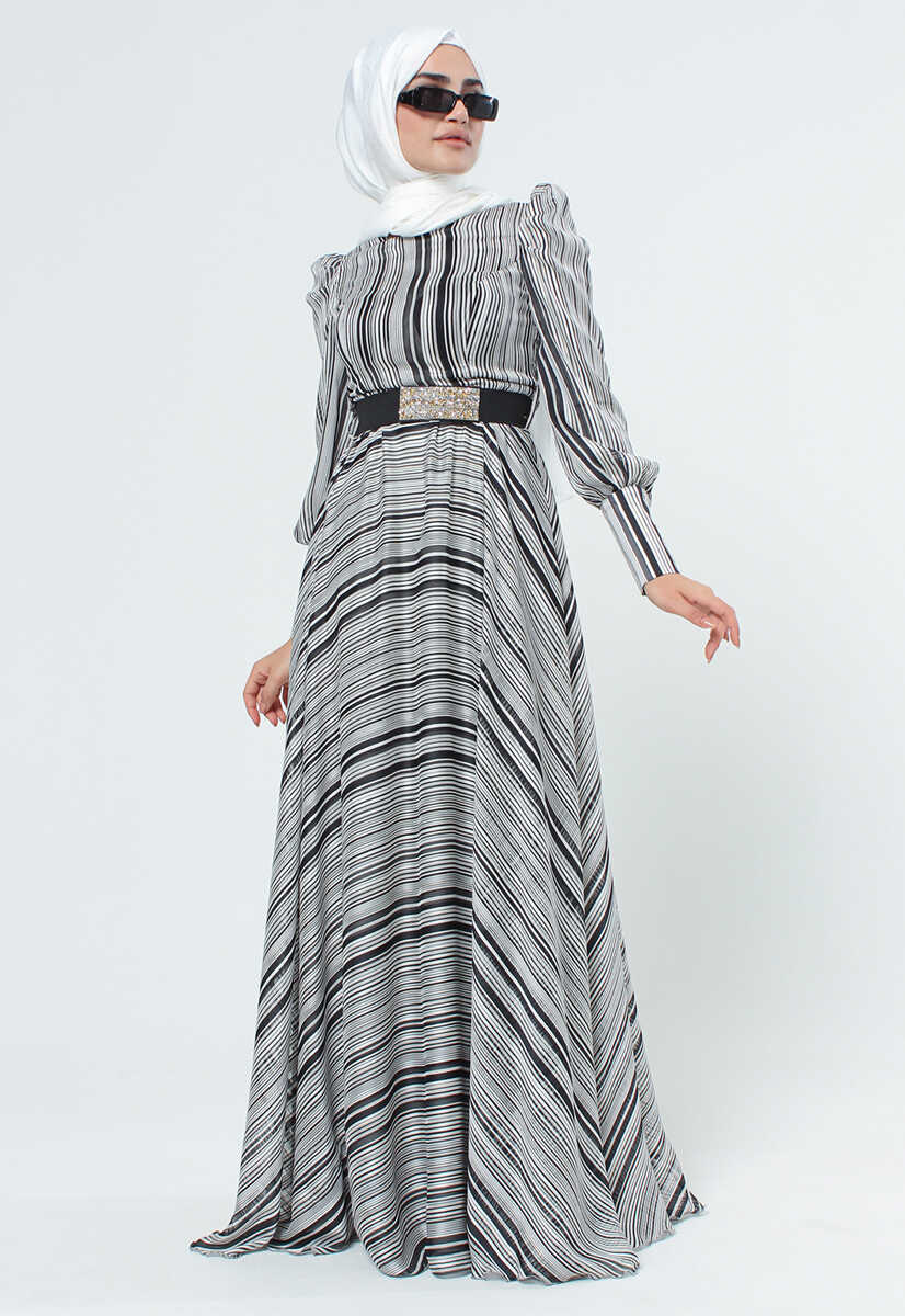 2125058 Etnik Desenli Kemerli Elbise, Tesettür Giyim