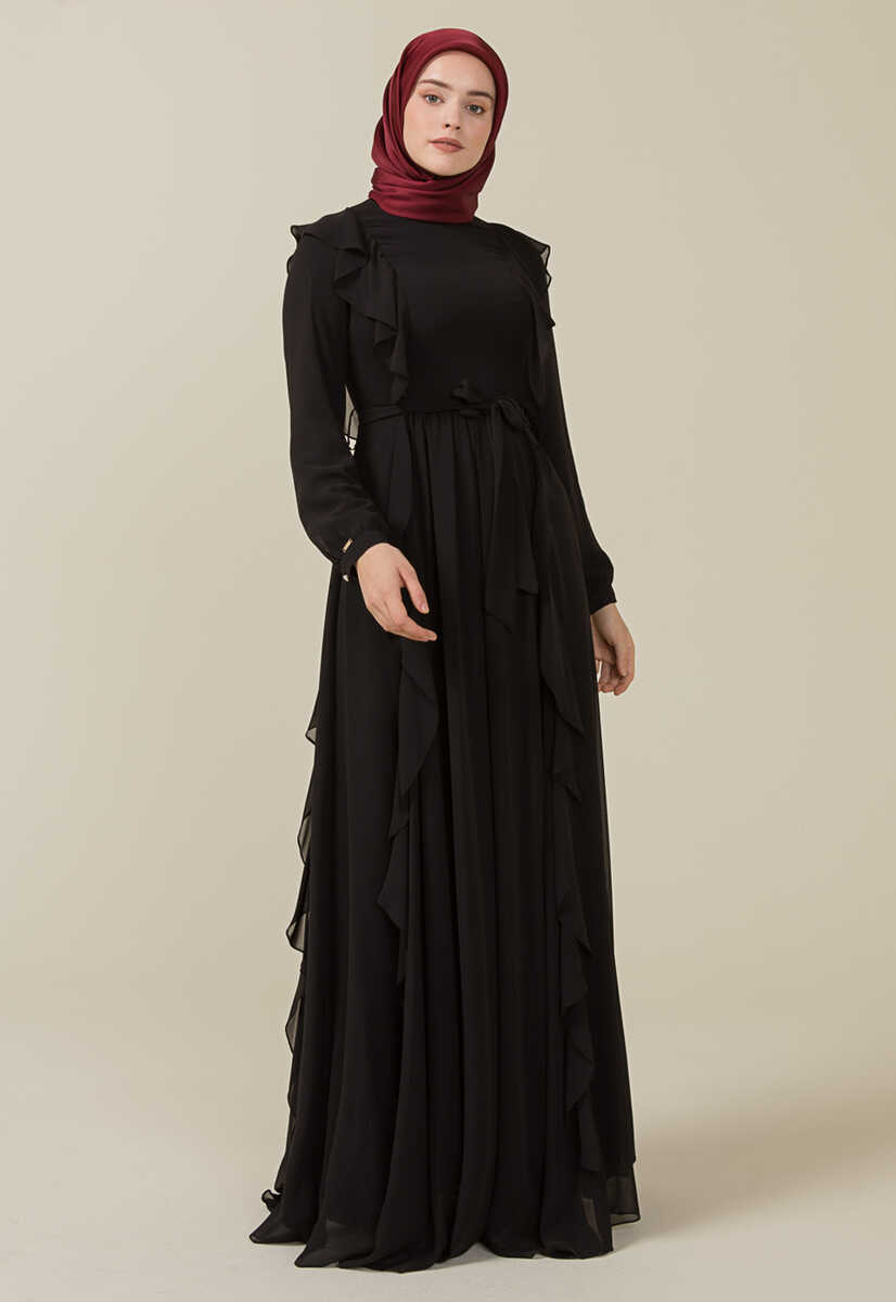 2125059 Fırfır Detaylı Kemerli Abiye Elbise, Tesettür Giyim