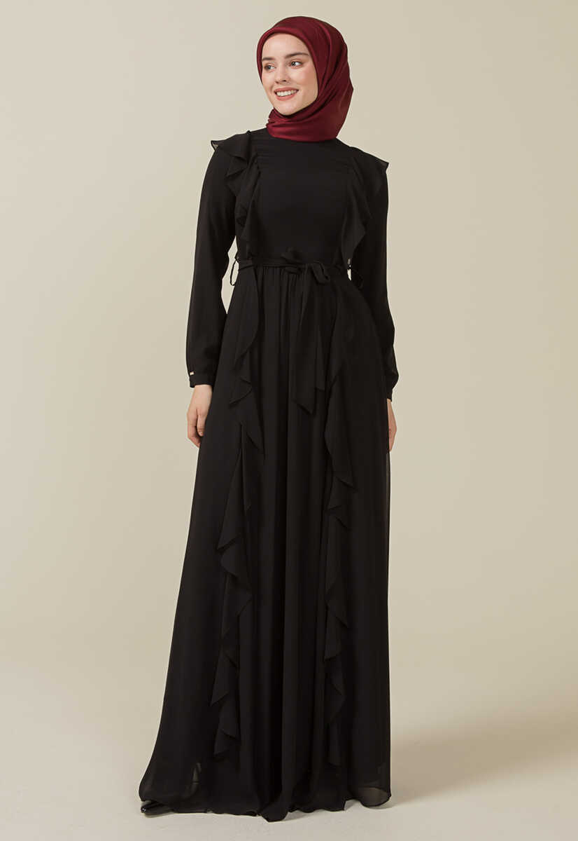 2125059 Fırfır Detaylı Kemerli Abiye Elbise, Tesettür Giyim