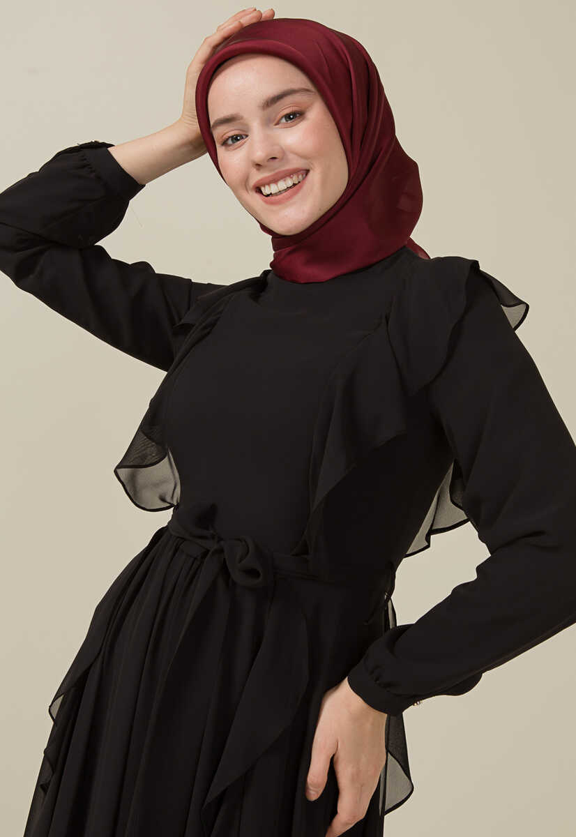 2125059 Fırfır Detaylı Kemerli Abiye Elbise, Tesettür Giyim