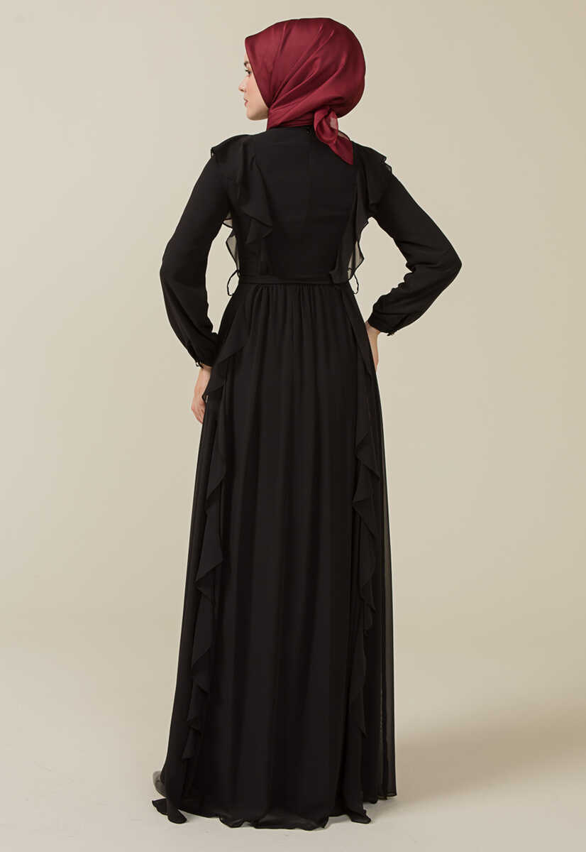 2125059 Fırfır Detaylı Kemerli Abiye Elbise, Tesettür Giyim
