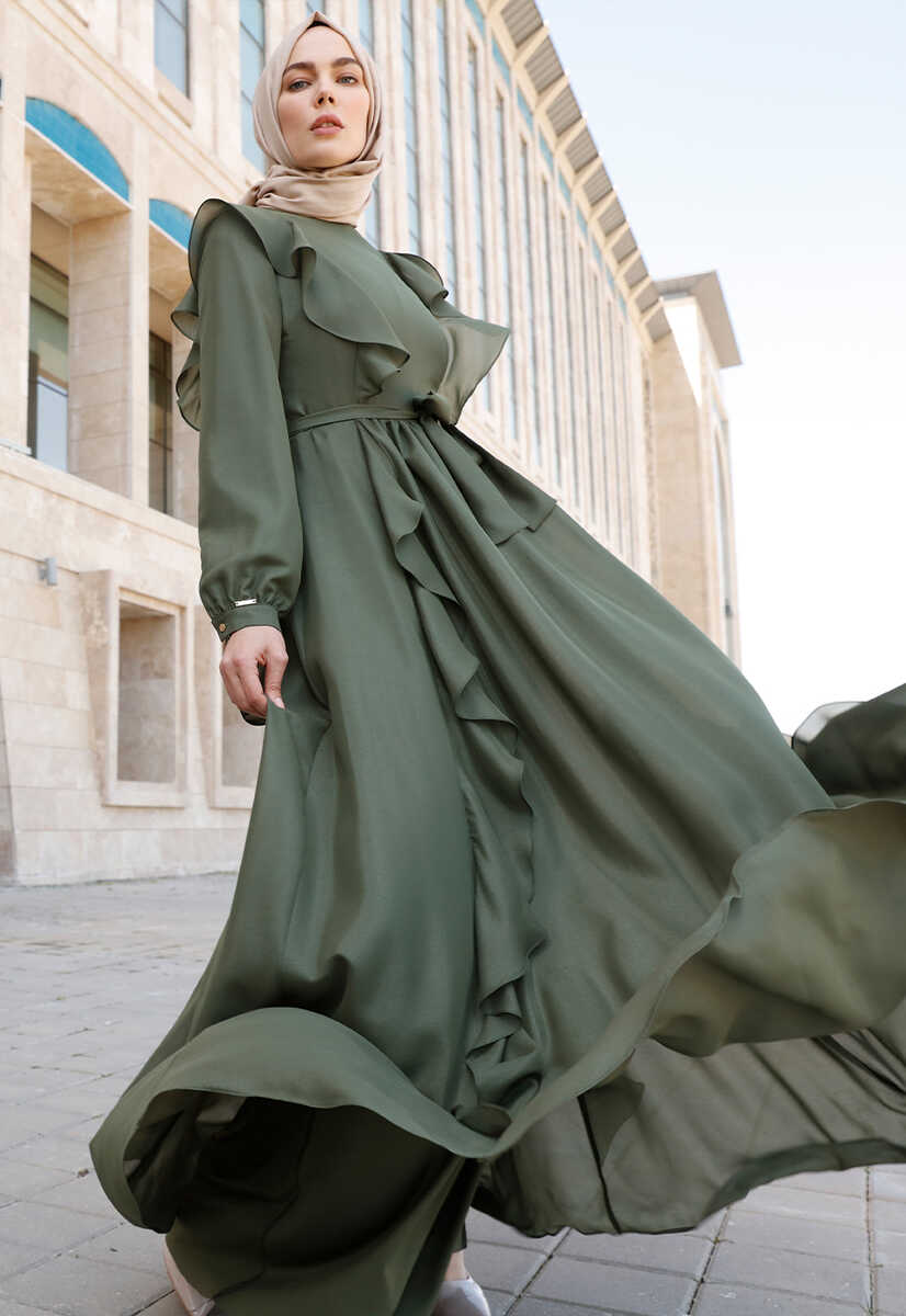 2125059 Fırfır Detaylı Kemerli Abiye Elbise, Tesettür Giyim