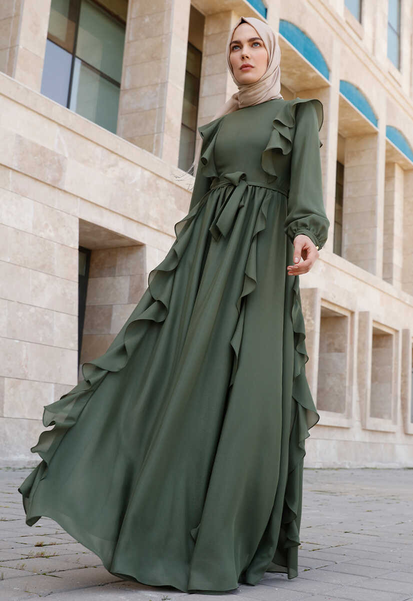 2125059 Fırfır Detaylı Kemerli Abiye Elbise, Tesettür Giyim
