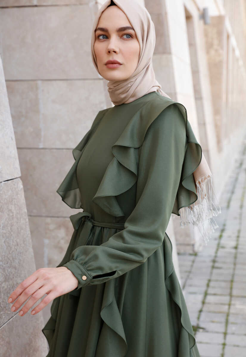 2125059 Fırfır Detaylı Kemerli Abiye Elbise, Tesettür Giyim