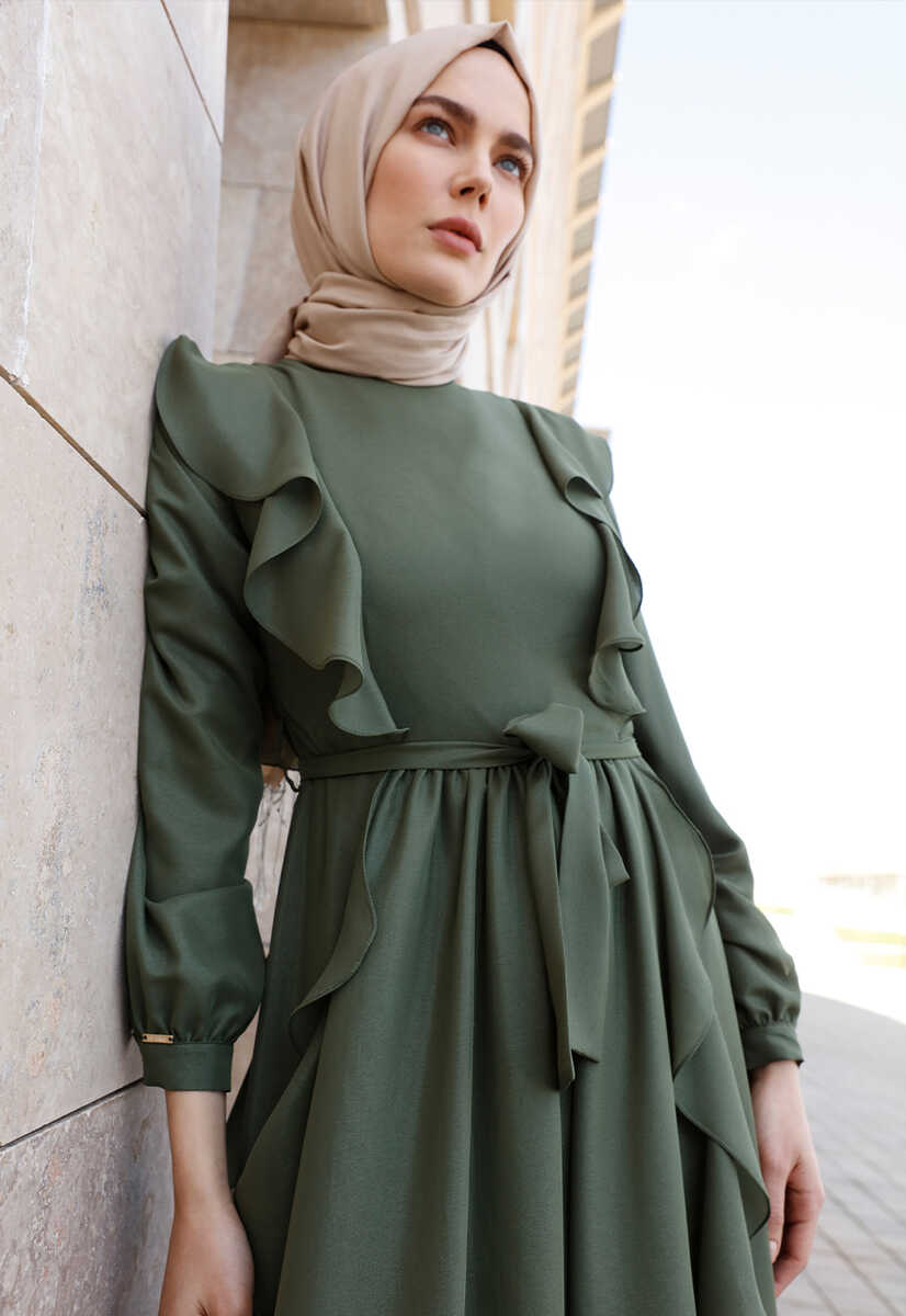 2125059 Fırfır Detaylı Kemerli Abiye Elbise, Tesettür Giyim