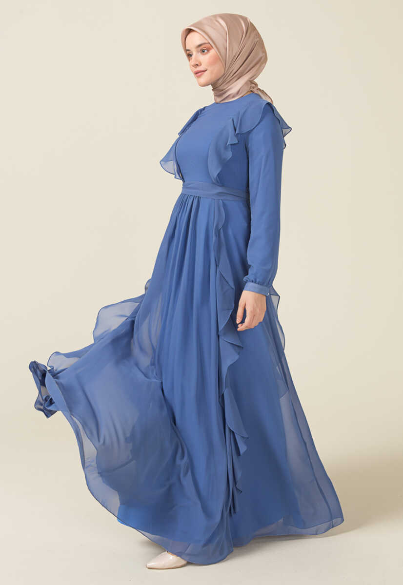 2125059 Fırfır Detaylı Kemerli Abiye Elbise, Tesettür Giyim