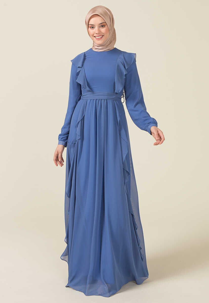 2125059 Fırfır Detaylı Kemerli Abiye Elbise, Tesettür Giyim