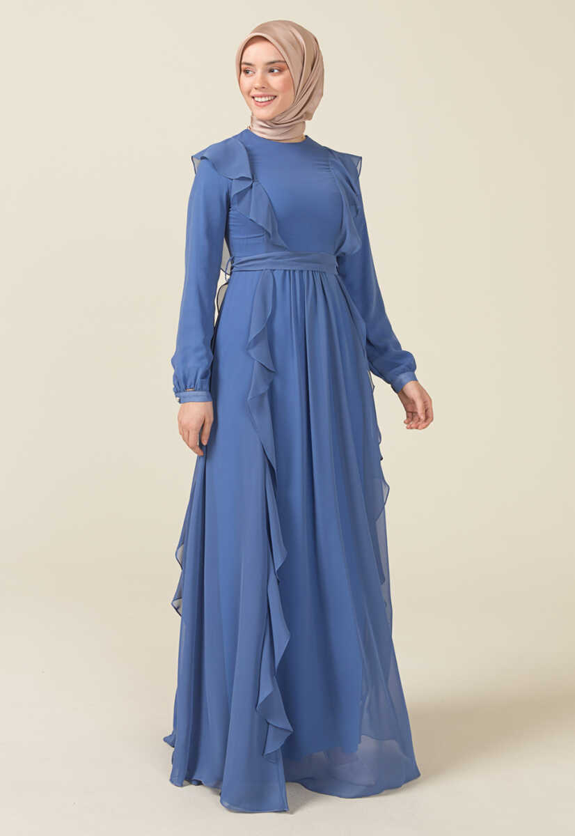2125059 Fırfır Detaylı Kemerli Abiye Elbise, Tesettür Giyim