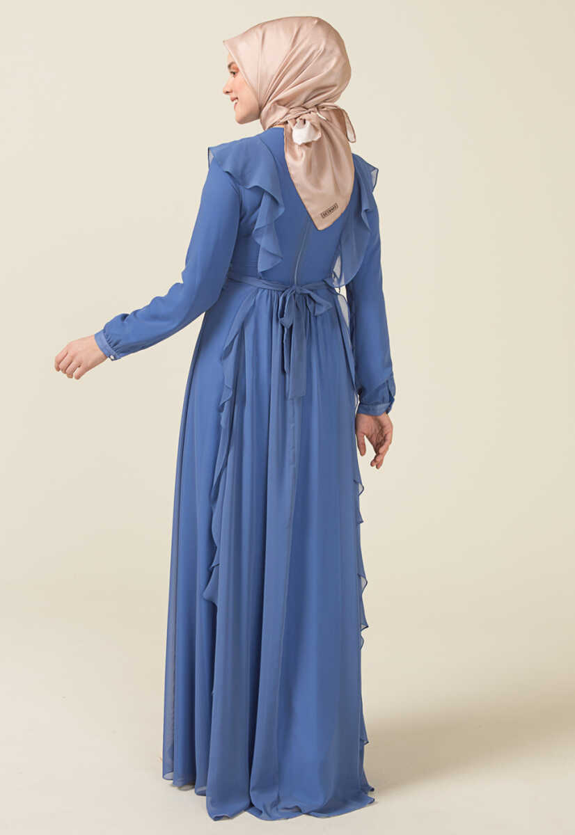 2125059 Fırfır Detaylı Kemerli Abiye Elbise, Tesettür Giyim