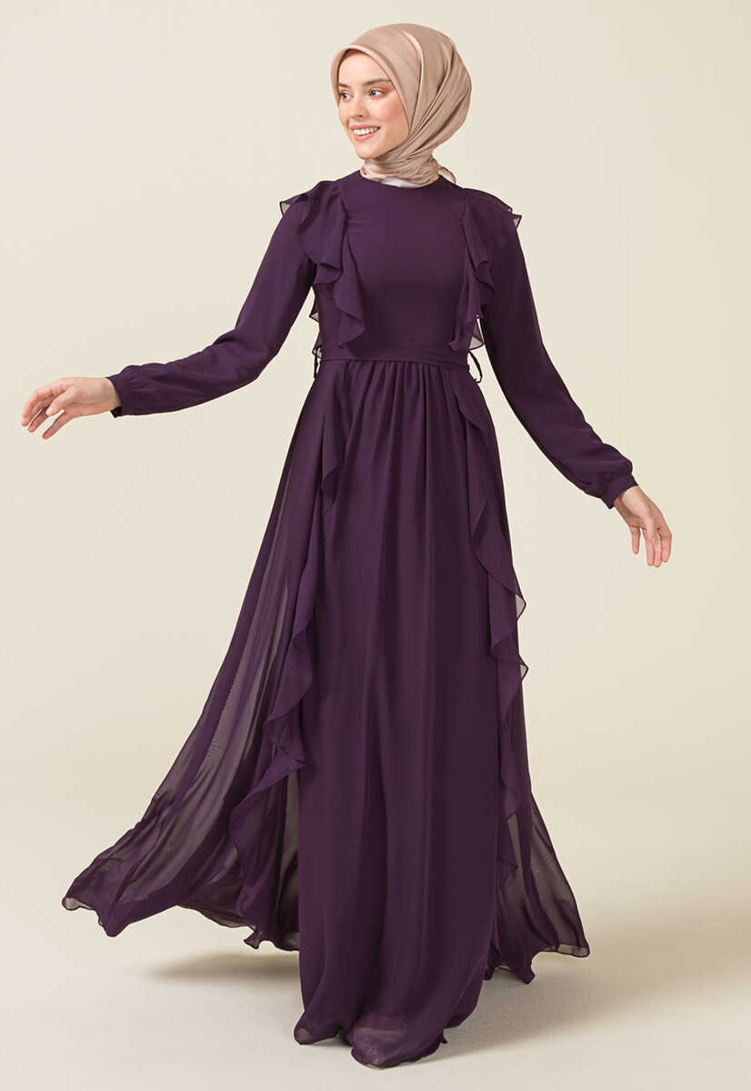 2125059 Fırfır Detaylı Kemerli Abiye Elbise, Tesettür Giyim