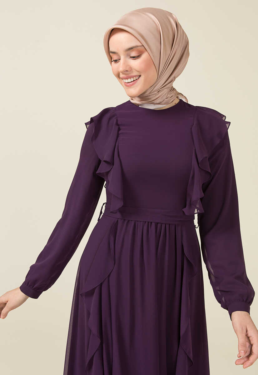 2125059 Fırfır Detaylı Kemerli Abiye Elbise, Tesettür Giyim
