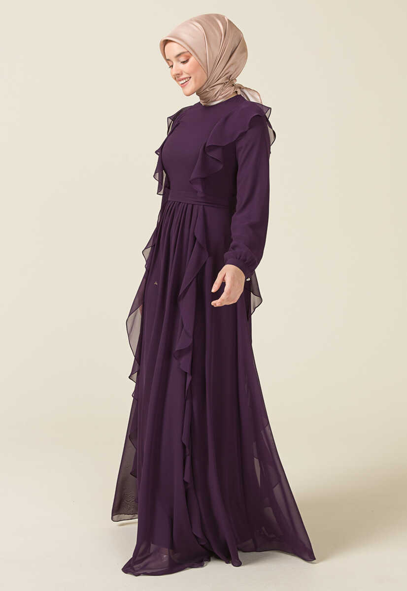 2125059 Fırfır Detaylı Kemerli Abiye Elbise, Tesettür Giyim