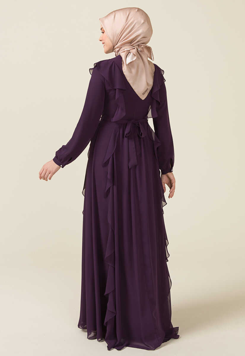 2125059 Fırfır Detaylı Kemerli Abiye Elbise, Tesettür Giyim