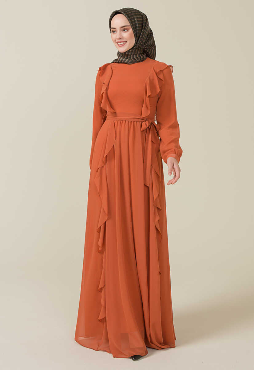 2125059 Fırfır Detaylı Kemerli Abiye Elbise, Tesettür Giyim