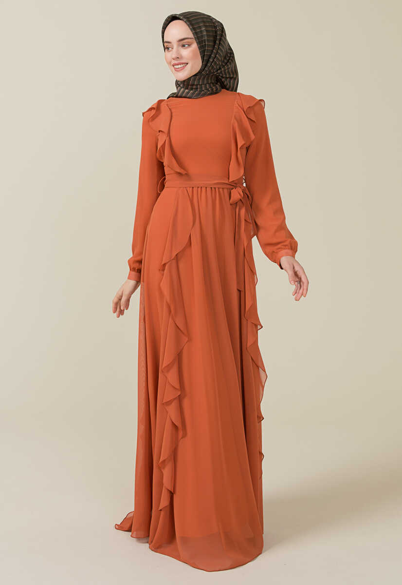 2125059 Fırfır Detaylı Kemerli Abiye Elbise, Tesettür Giyim