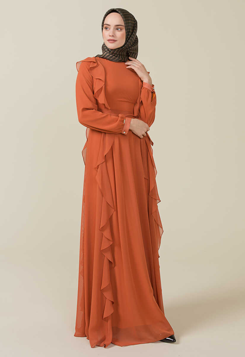 2125059 Fırfır Detaylı Kemerli Abiye Elbise, Tesettür Giyim