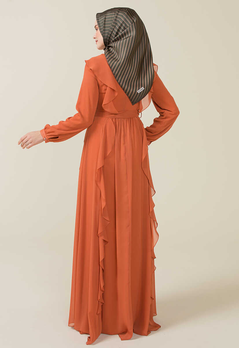 2125059 Fırfır Detaylı Kemerli Abiye Elbise, Tesettür Giyim