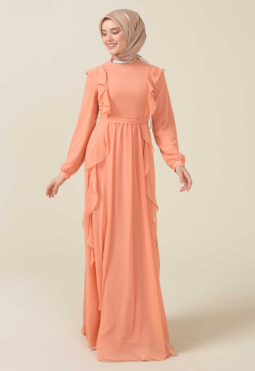 2125059 Fırfır Detaylı Kemerli Abiye Elbise, Tesettür Giyim