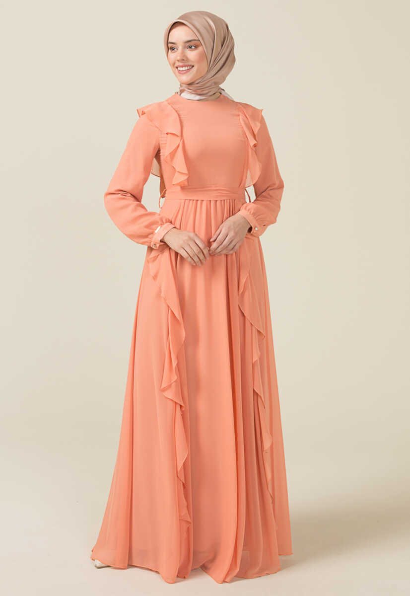 2125059 Fırfır Detaylı Kemerli Abiye Elbise, Tesettür Giyim