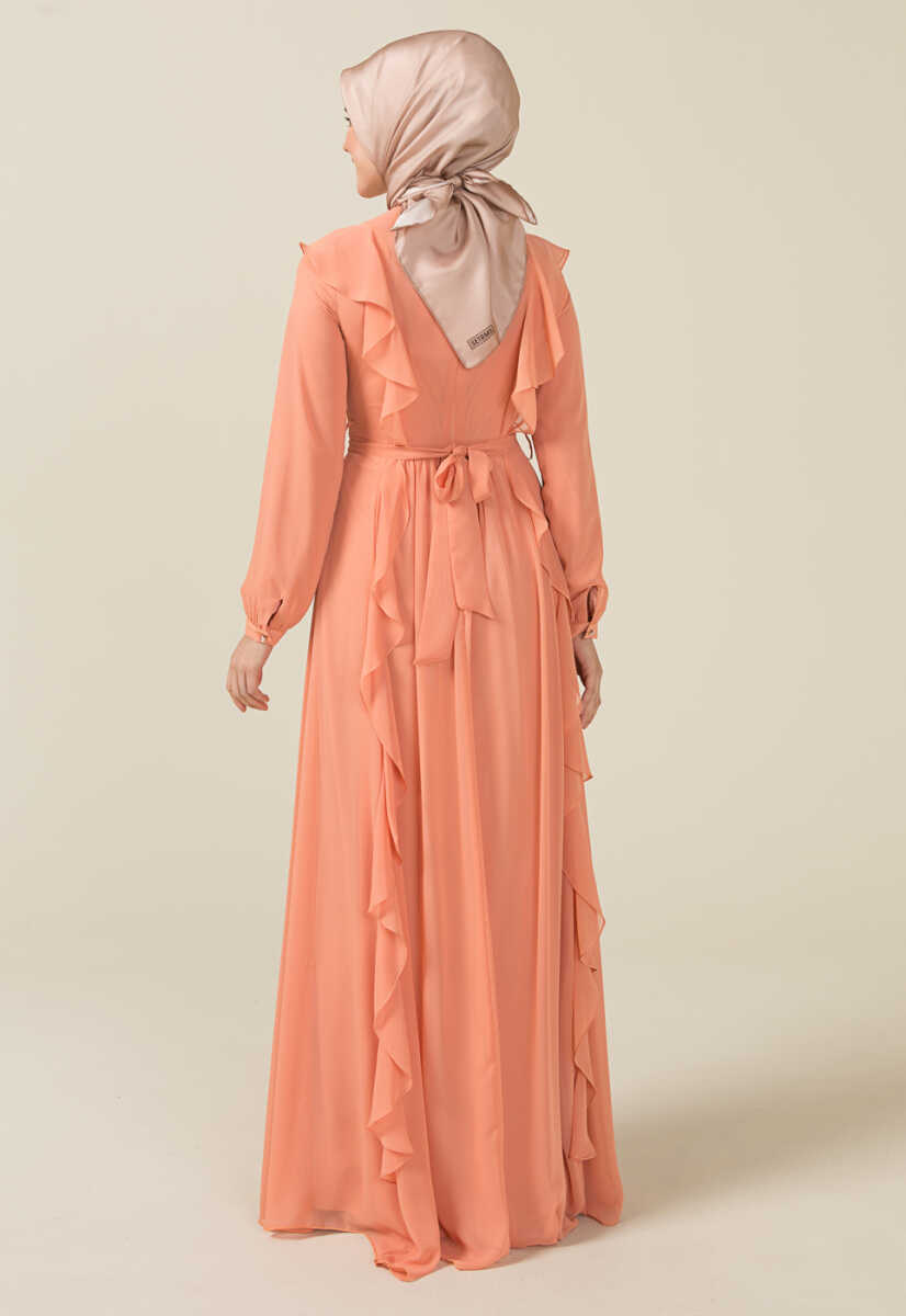 2125059 Fırfır Detaylı Kemerli Abiye Elbise, Tesettür Giyim