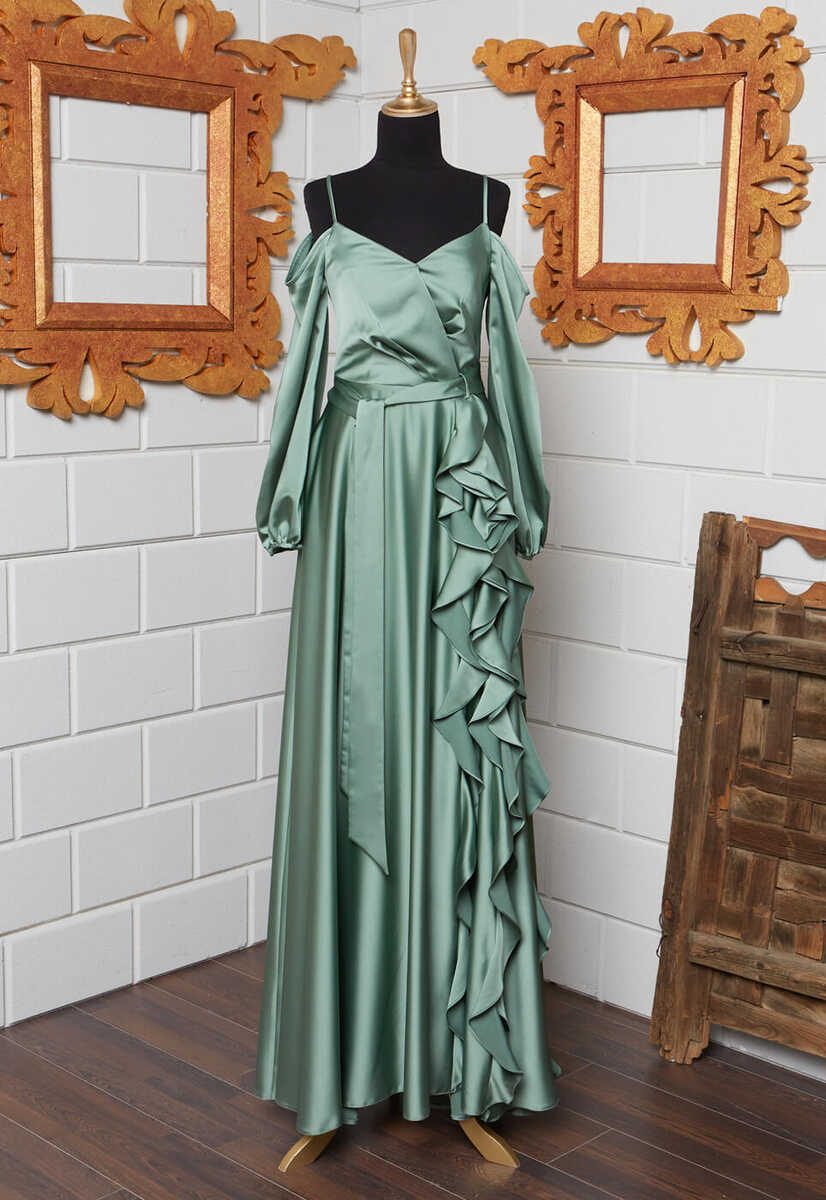 4410 Parlak Saten Kumaş Düşük Kol Abiye, Tesettür Giyim