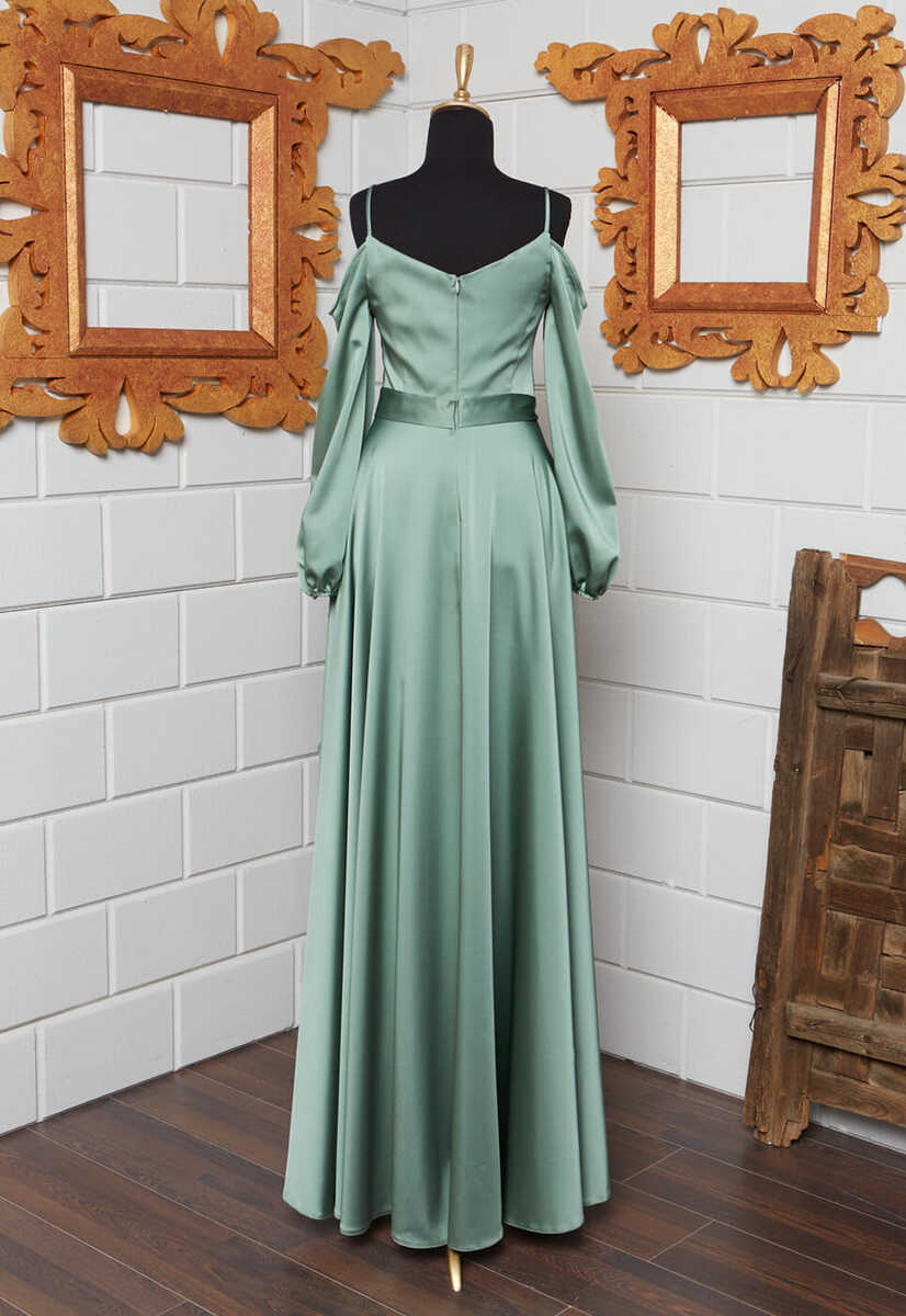 4410 Parlak Saten Kumaş Düşük Kol Abiye, Tesettür Giyim