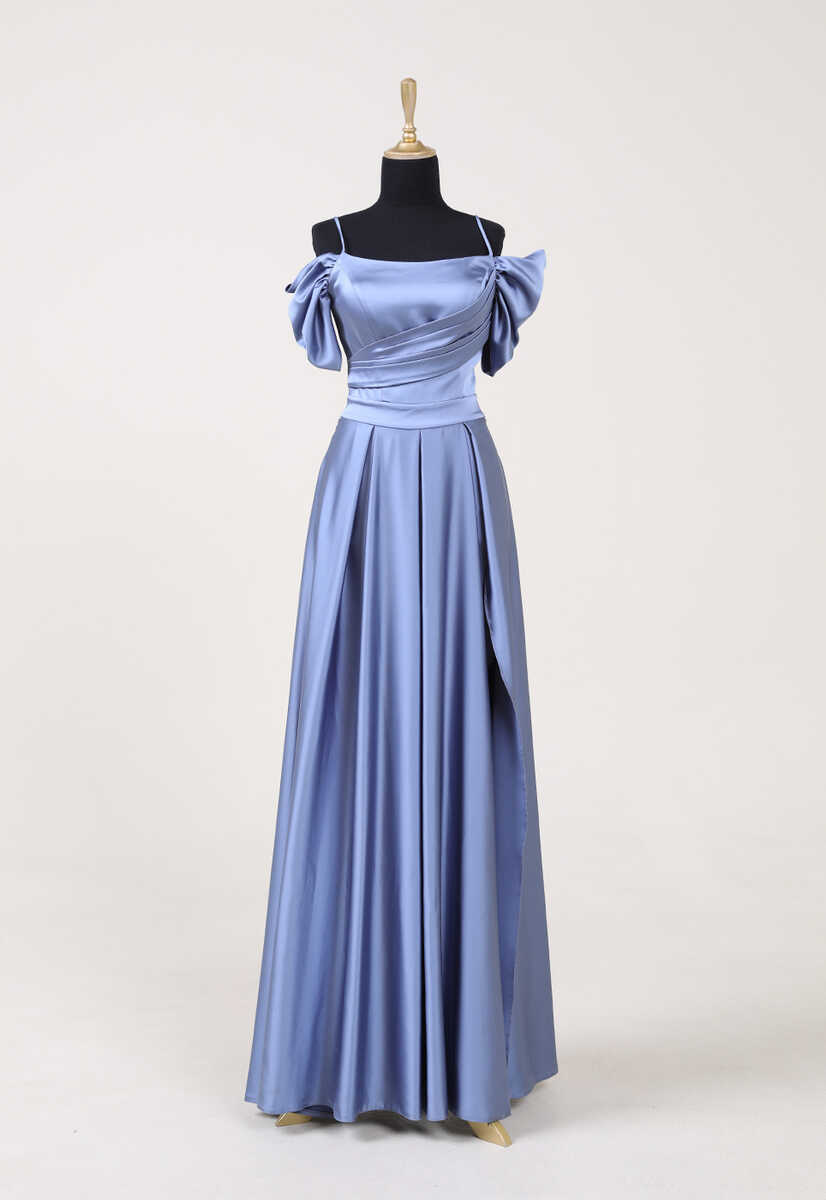 4410 Parlak Saten Kumaş Düşük Kol Abiye, Tesettür Giyim