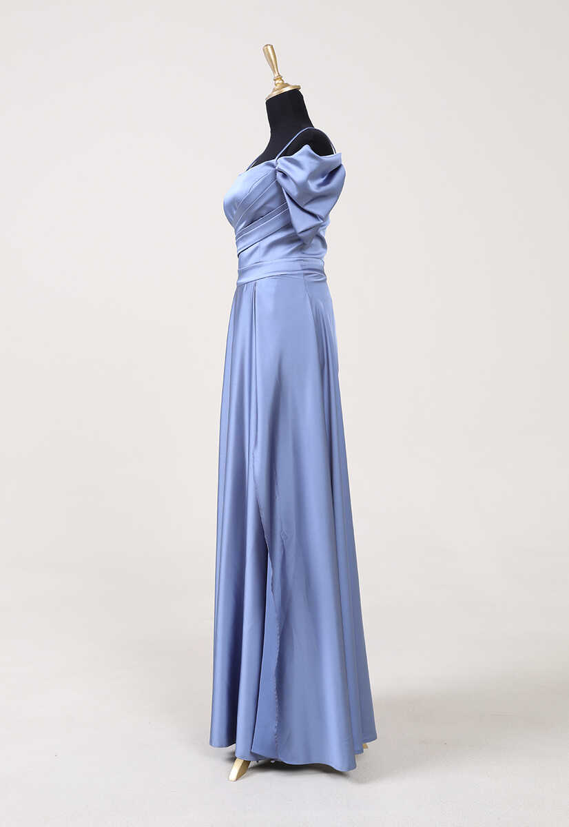 4410 Parlak Saten Kumaş Düşük Kol Abiye, Tesettür Giyim