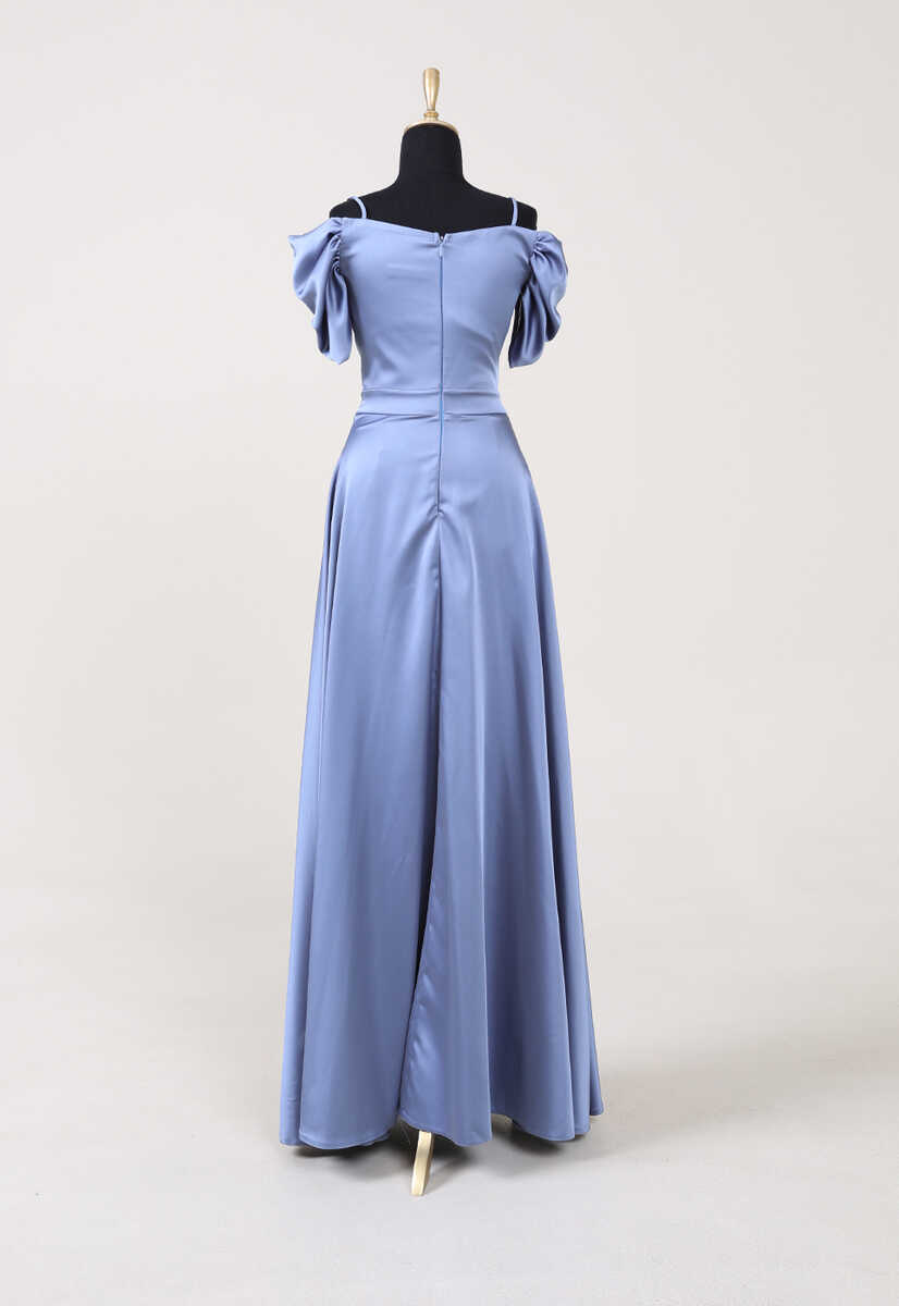 4410 Parlak Saten Kumaş Düşük Kol Abiye, Tesettür Giyim