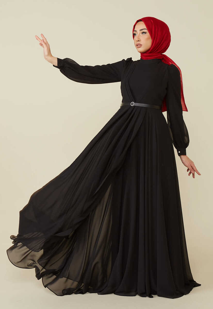 2221000 Kemer Detaylı Şifon Garnili Günlük Abiye Elbise, Tesettür Giyim