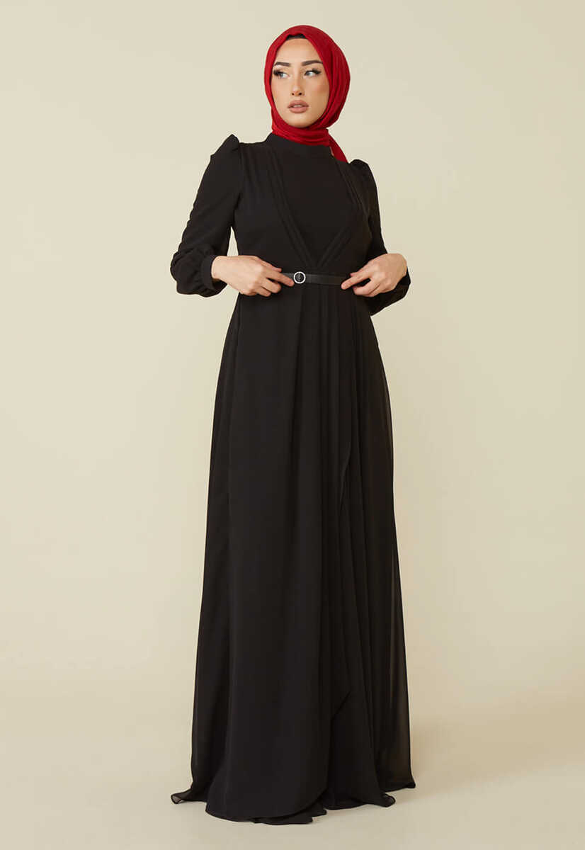 2221000 Kemer Detaylı Şifon Garnili Günlük Abiye Elbise, Tesettür Giyim