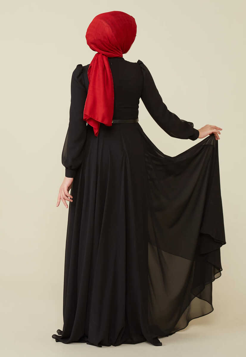 2221000 Kemer Detaylı Şifon Garnili Günlük Abiye Elbise, Tesettür Giyim