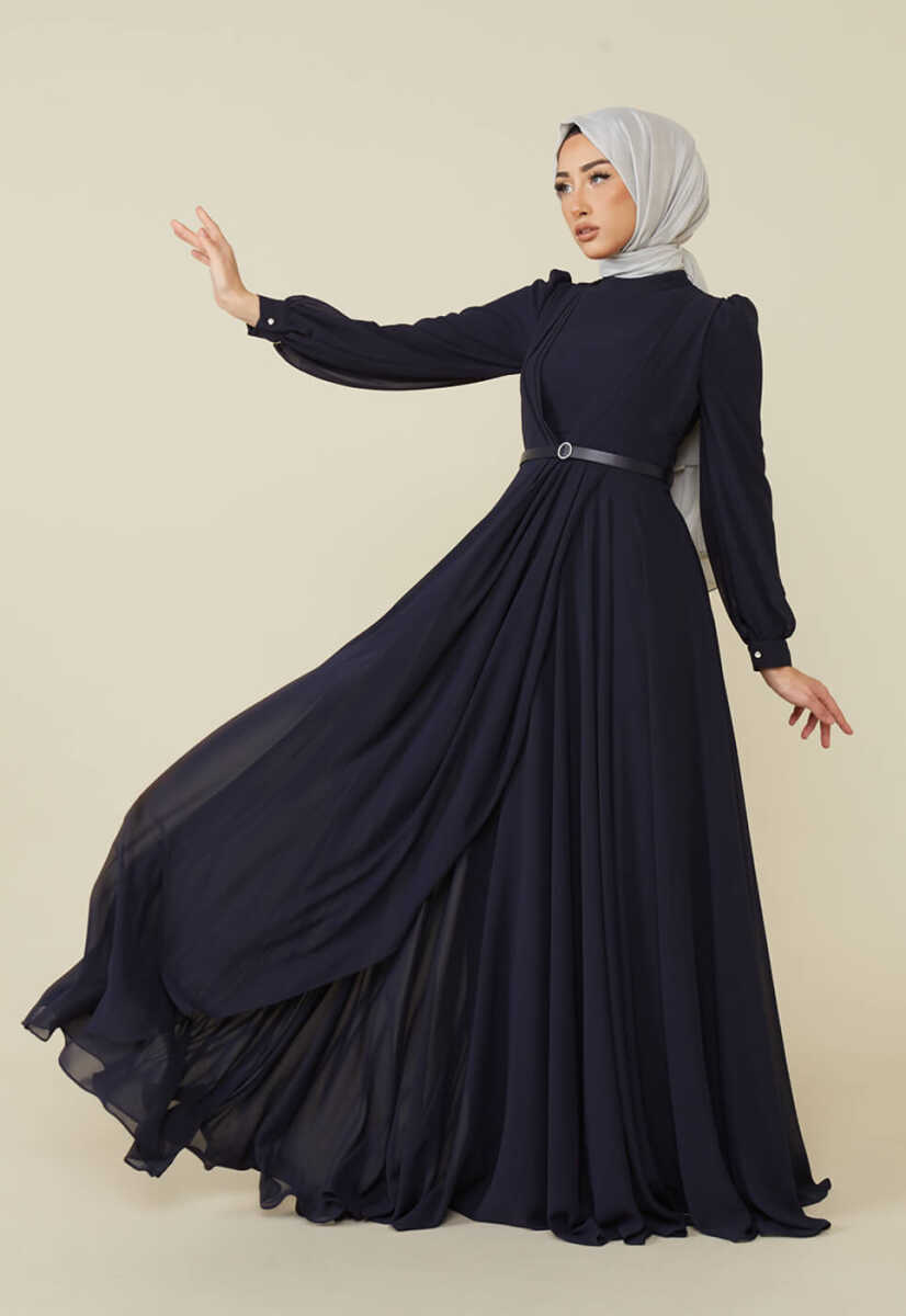 2221000 Kemer Detaylı Şifon Garnili Günlük Abiye Elbise, Tesettür Giyim