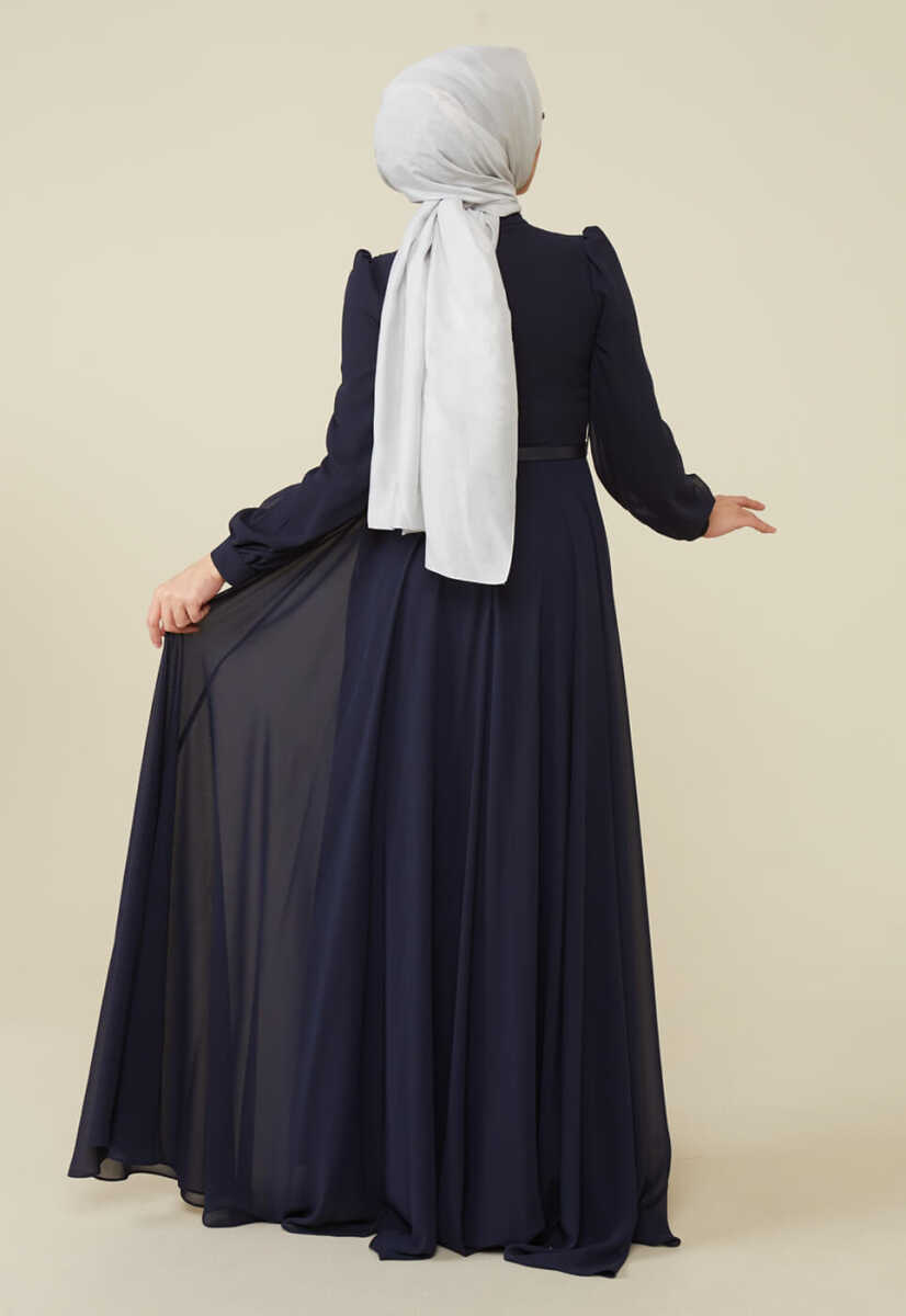 2221000 Kemer Detaylı Şifon Garnili Günlük Abiye Elbise, Tesettür Giyim