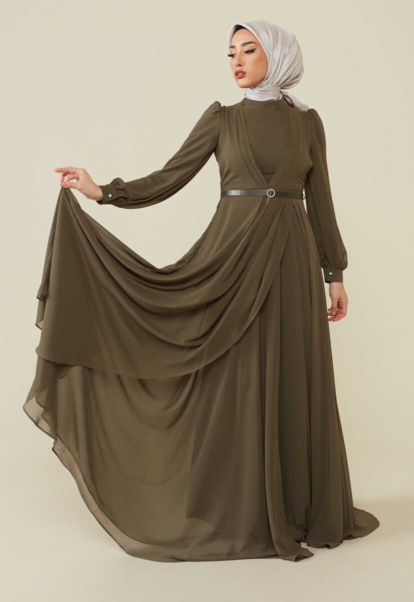 2221000 Kemer Detaylı Şifon Garnili Günlük Abiye Elbise, Tesettür Giyim