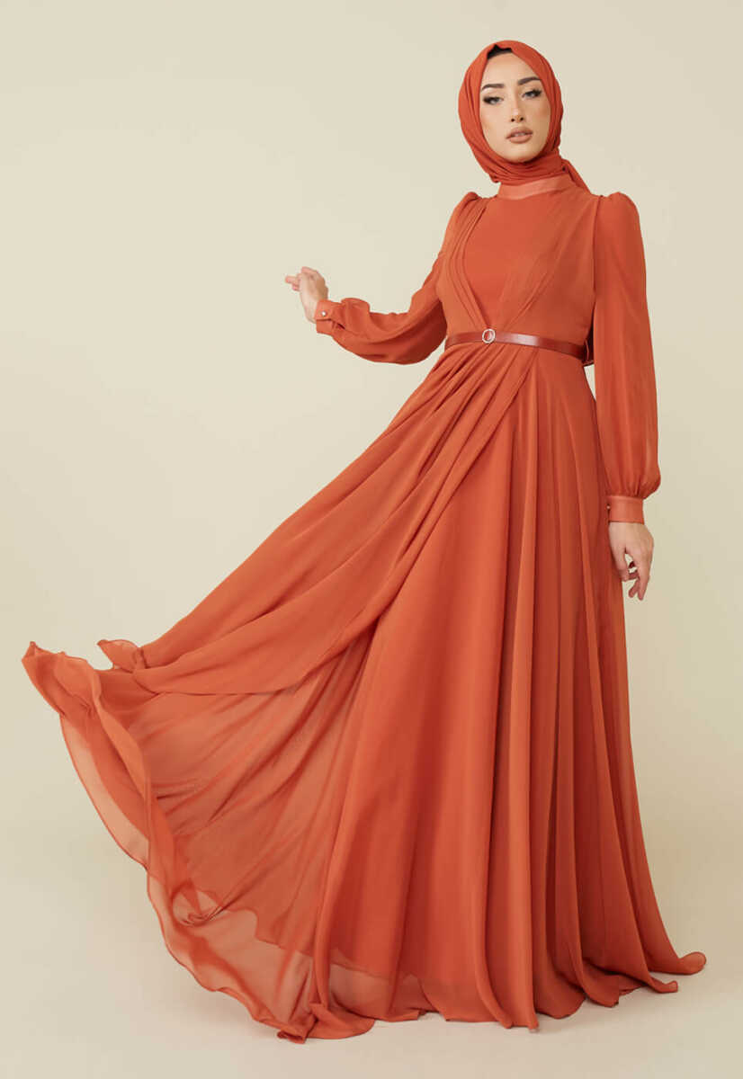 2221000 Kemer Detaylı Şifon Garnili Günlük Abiye Elbise, Tesettür Giyim