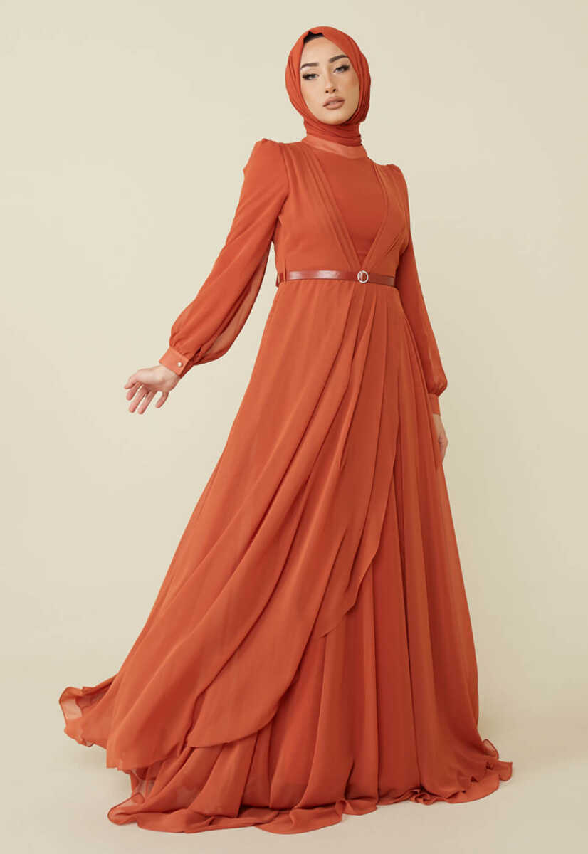 2221000 Kemer Detaylı Şifon Garnili Günlük Abiye Elbise, Tesettür Giyim