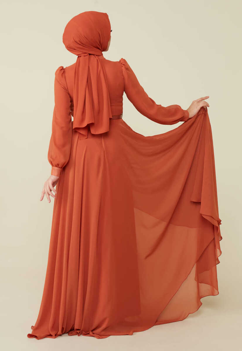 2221000 Kemer Detaylı Şifon Garnili Günlük Abiye Elbise, Tesettür Giyim