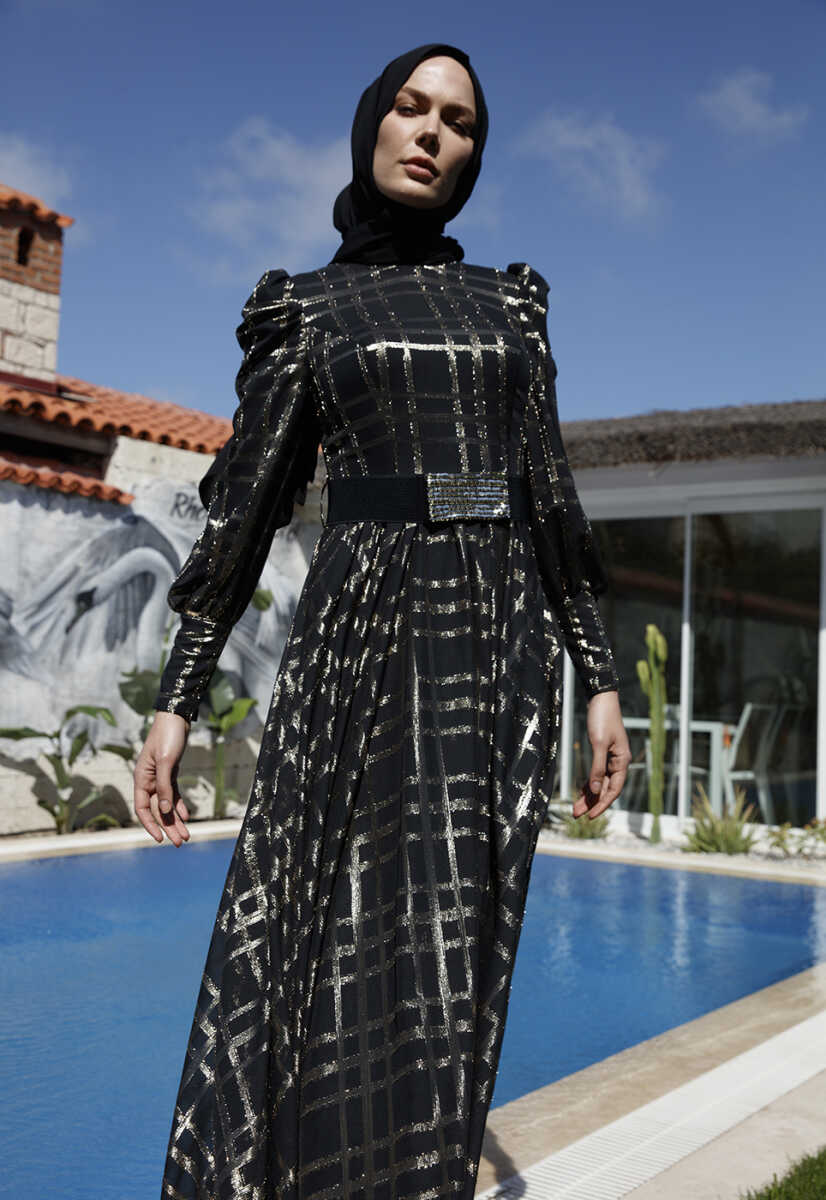 2225053 Kemer Detaylı Abiye Elbise, Tesettür Giyim