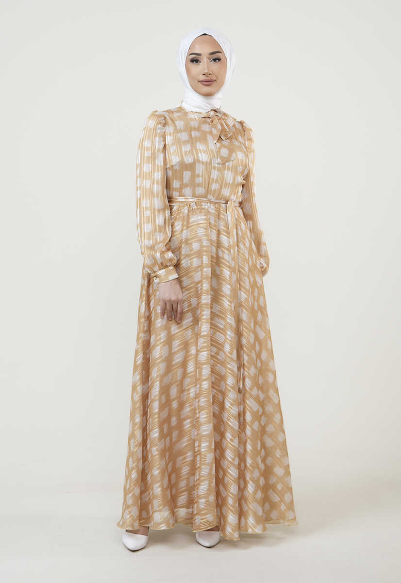 2225051 Kravat Yaka Detaylı Kemerli Abiye, Tesettür Giyim