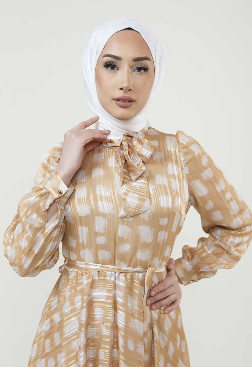 2225051 Kravat Yaka Detaylı Kemerli Abiye, Tesettür Giyim