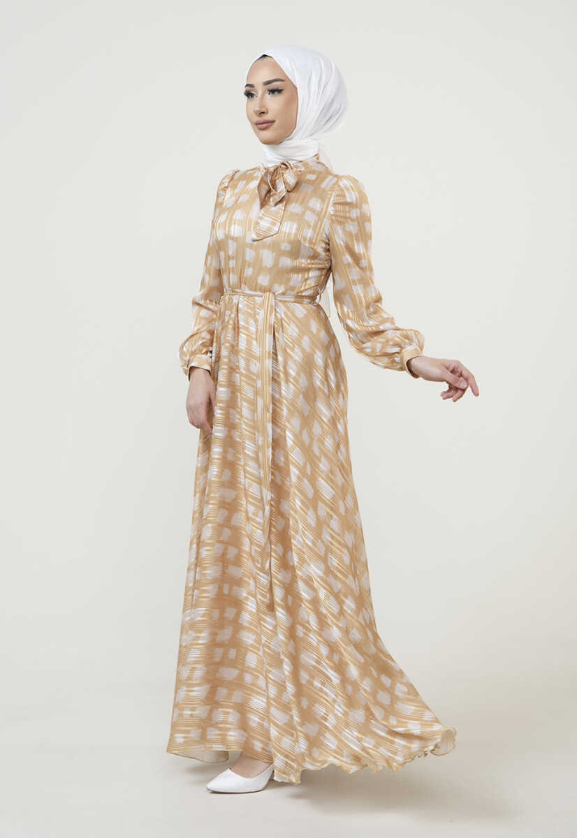 2225051 Kravat Yaka Detaylı Kemerli Abiye, Tesettür Giyim